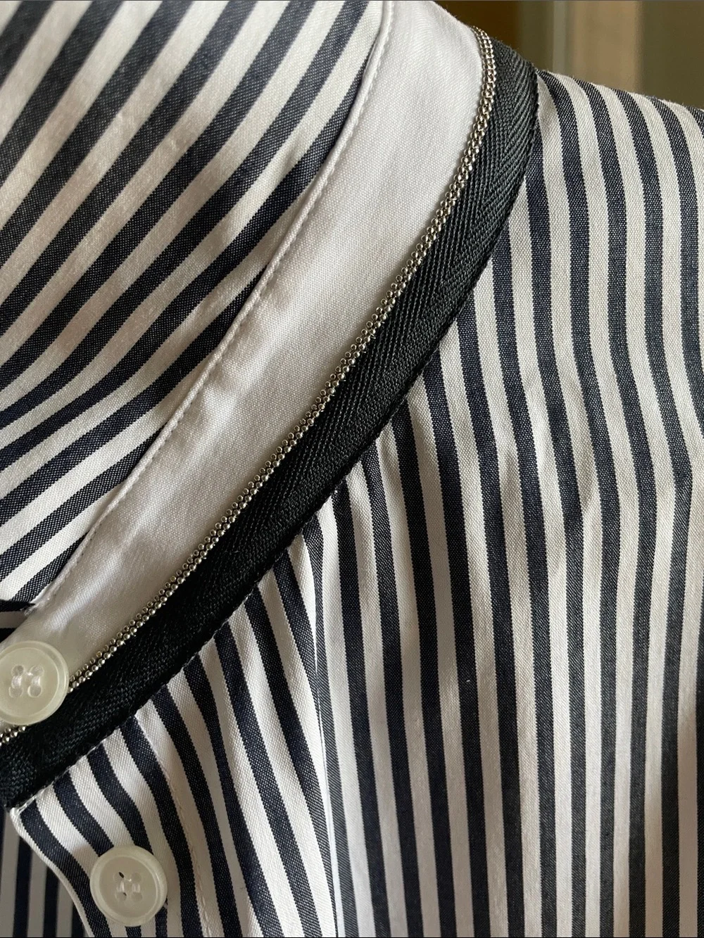 Lafayette 148 New York Women’s Navy and White Striped Dress Shirt/ Monili - Picture 7 of 10